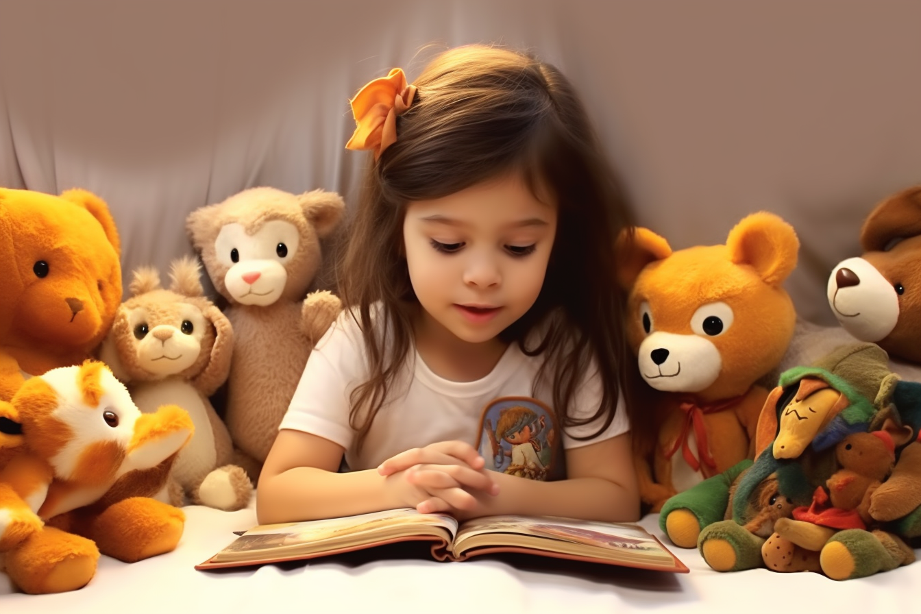 Девочка 3 лет читает книгу игрушкам